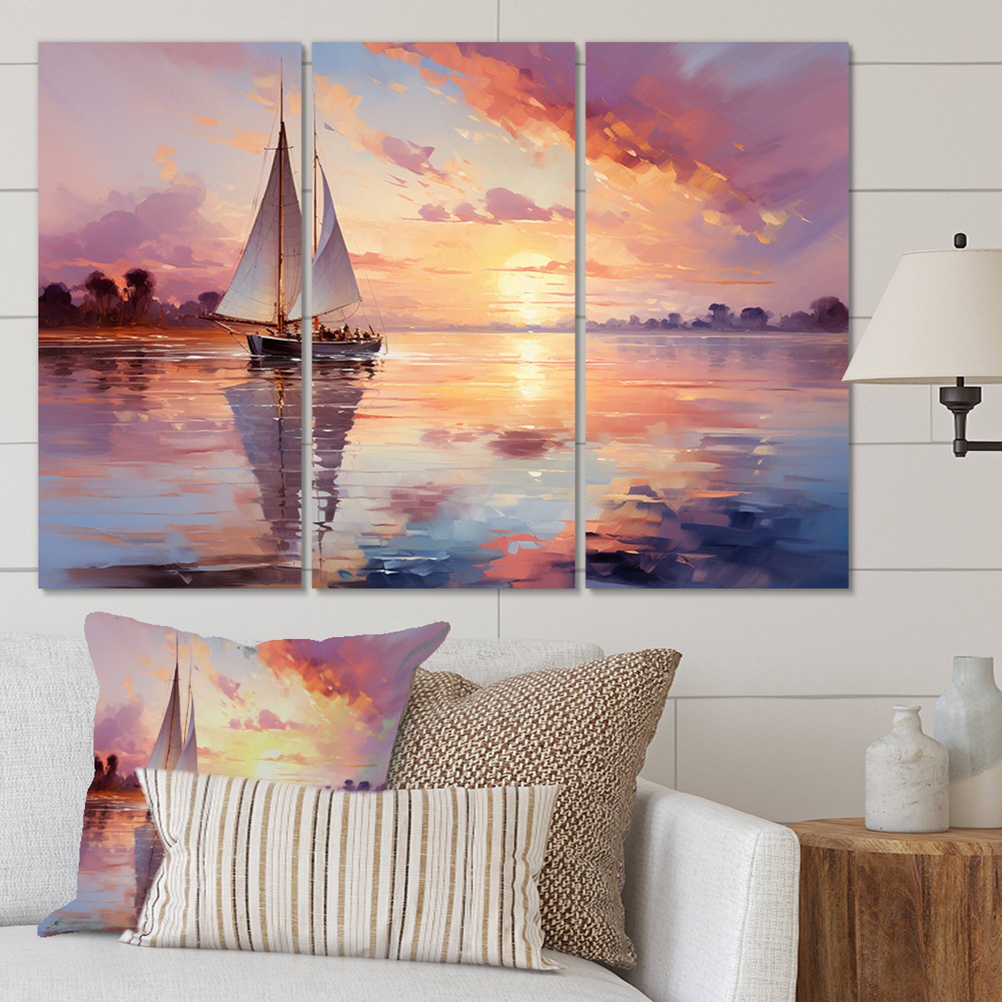 Designart "Sail Boat Dreamy Regatta III" Boat Canvas Wall Art Set Bed